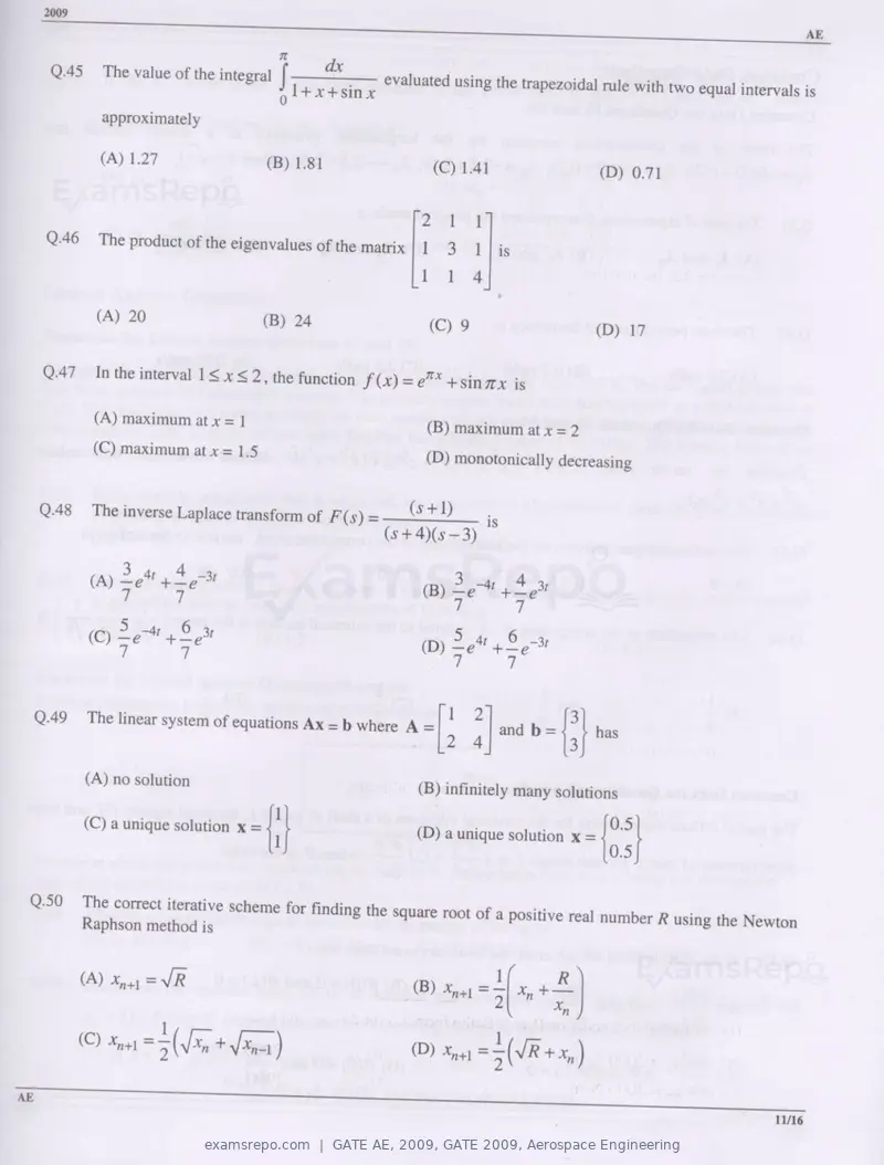 GATE AE 2009 question paper, GATE 2009, Aerospace Engineering, page 11 of 13
