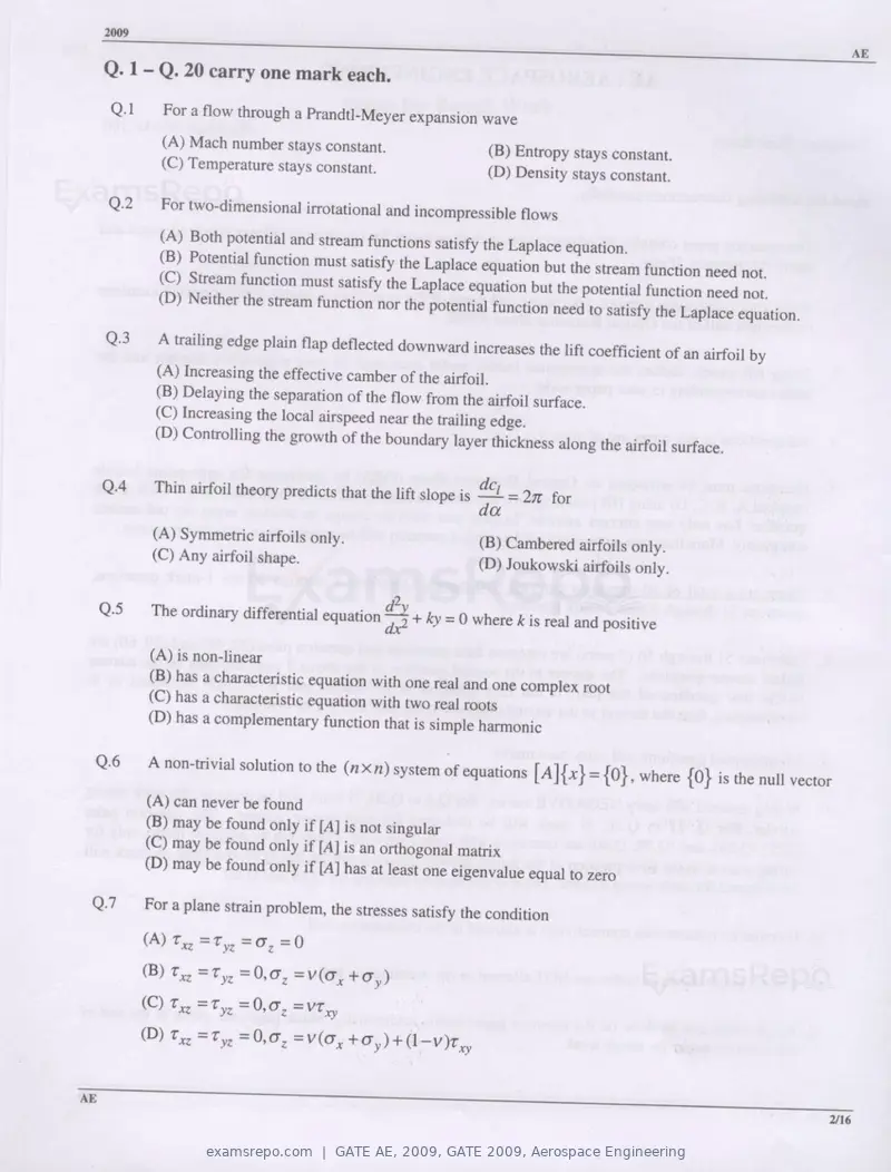 GATE AE 2009 question paper, GATE 2009, Aerospace Engineering, page 2 of 13