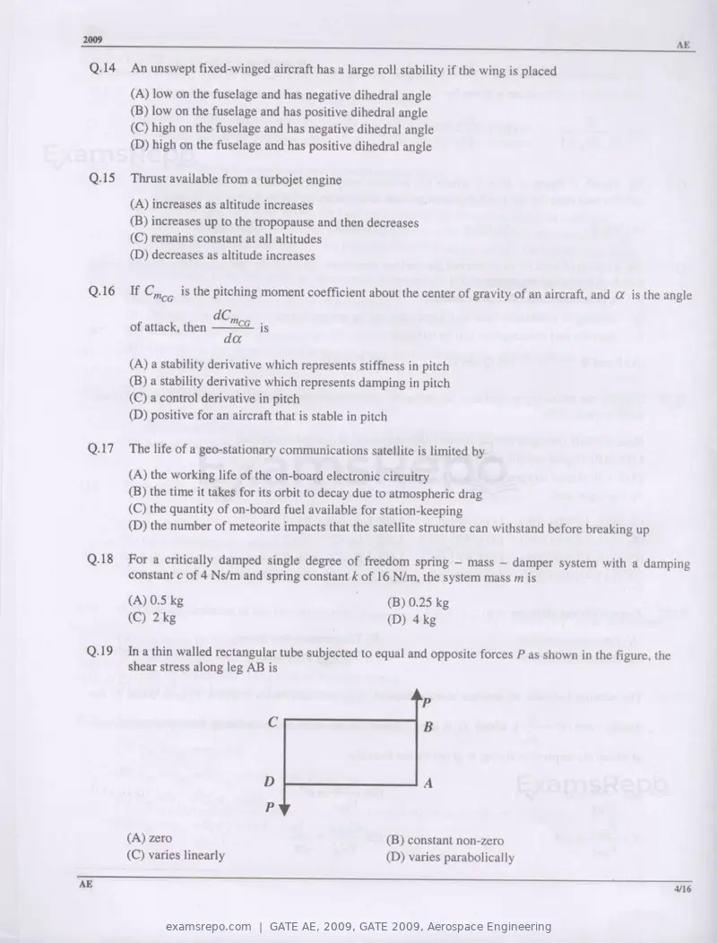 GATE AE 2009 question paper, GATE 2009, Aerospace Engineering, page 4 of 13