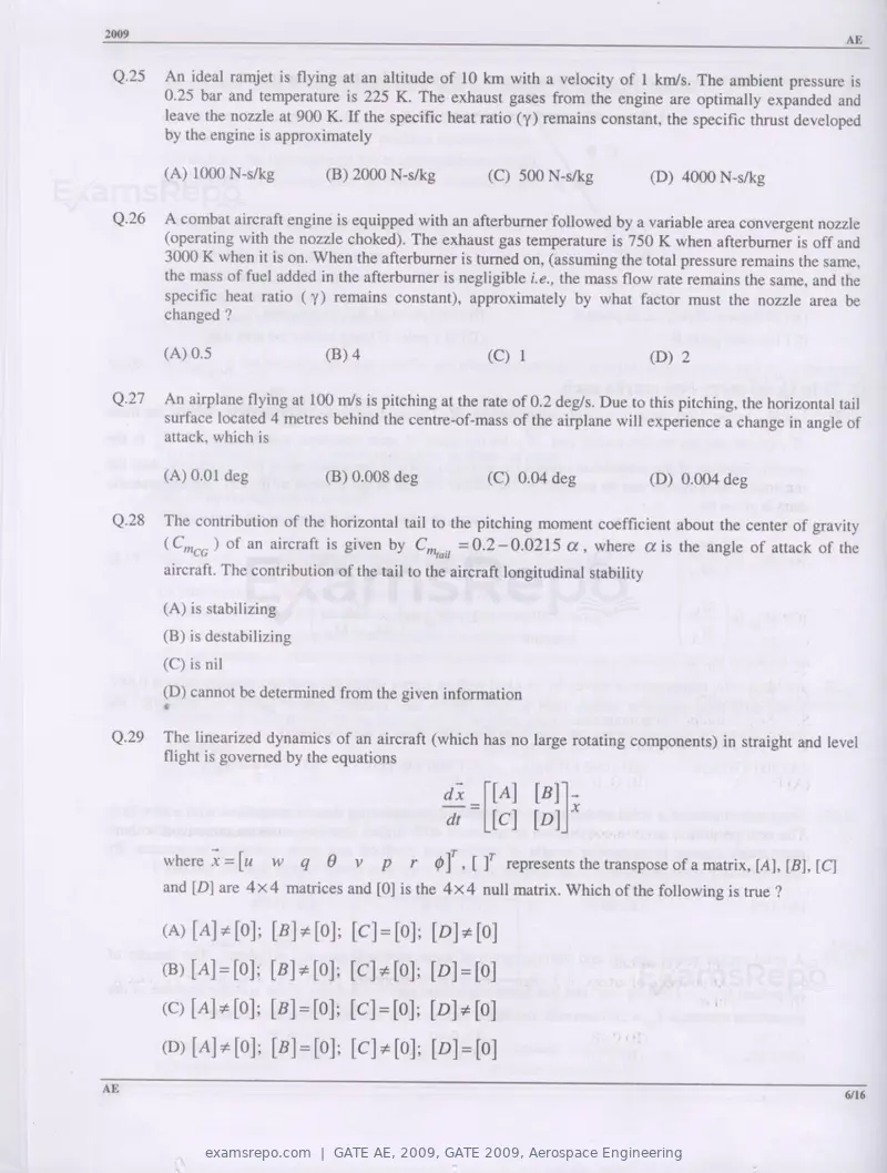 GATE AE 2009 question paper, GATE 2009, Aerospace Engineering, page 6 of 13