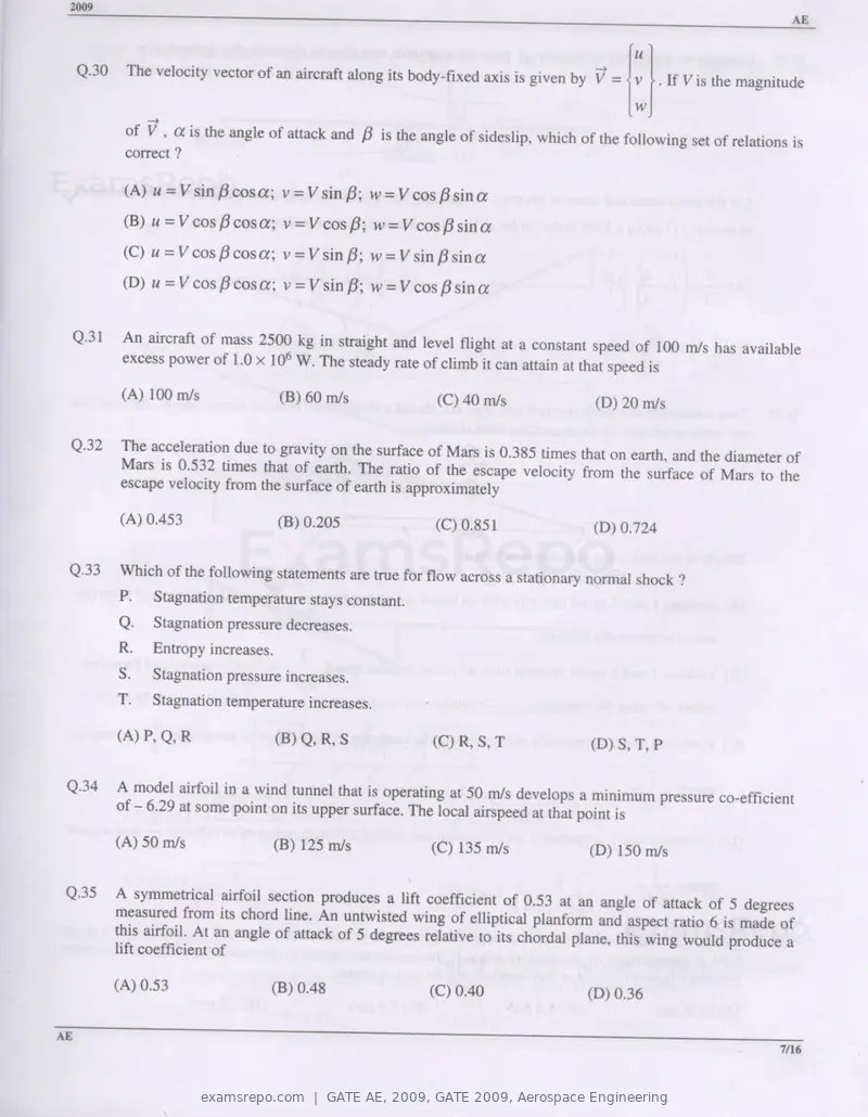 GATE AE 2009 question paper, GATE 2009, Aerospace Engineering, page 7 of 13