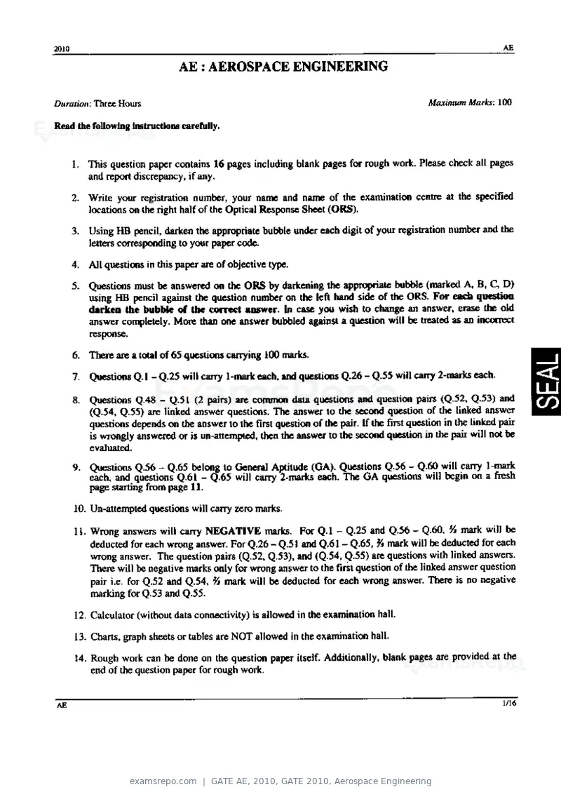 GATE AE 2010 question paper, GATE 2010, Aerospace Engineering, page 1 of 16