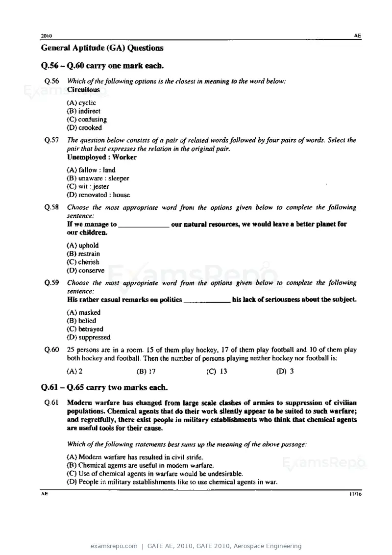 GATE AE 2010 question paper, GATE 2010, Aerospace Engineering, page 11 of 16
