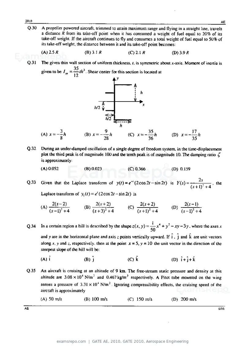 GATE AE 2010 question paper, GATE 2010, Aerospace Engineering, page 6 of 16