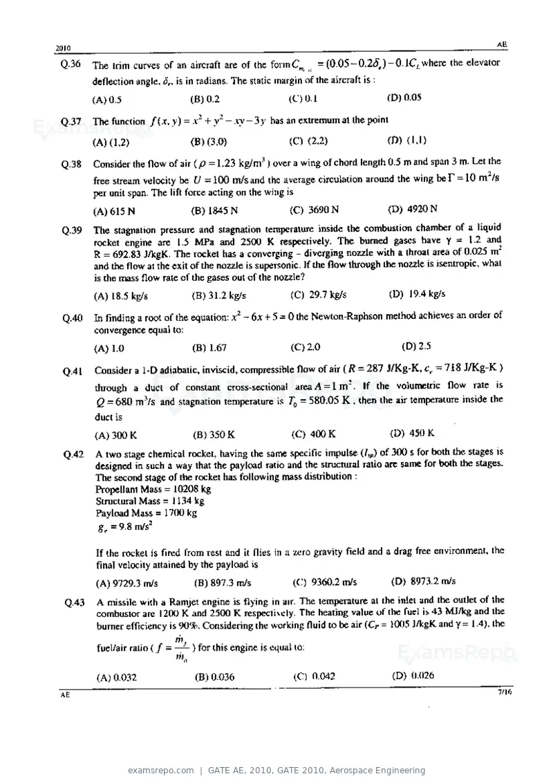 GATE AE 2010 question paper, GATE 2010, Aerospace Engineering, page 7 of 16