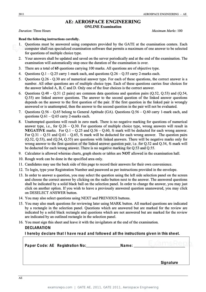 GATE AE 2011 question paper, GATE 2011, Aerospace Engineering, page 1 of 11
