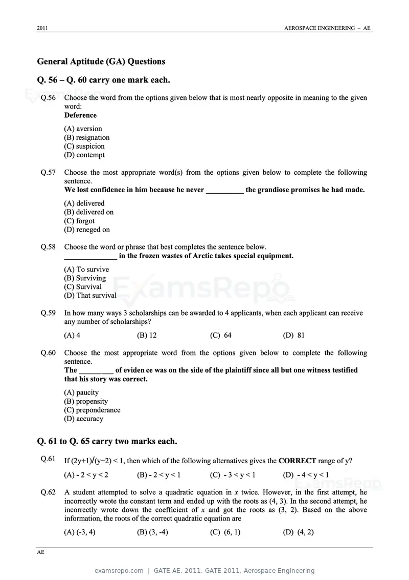 GATE AE 2011 question paper, GATE 2011, Aerospace Engineering, page 10 of 11