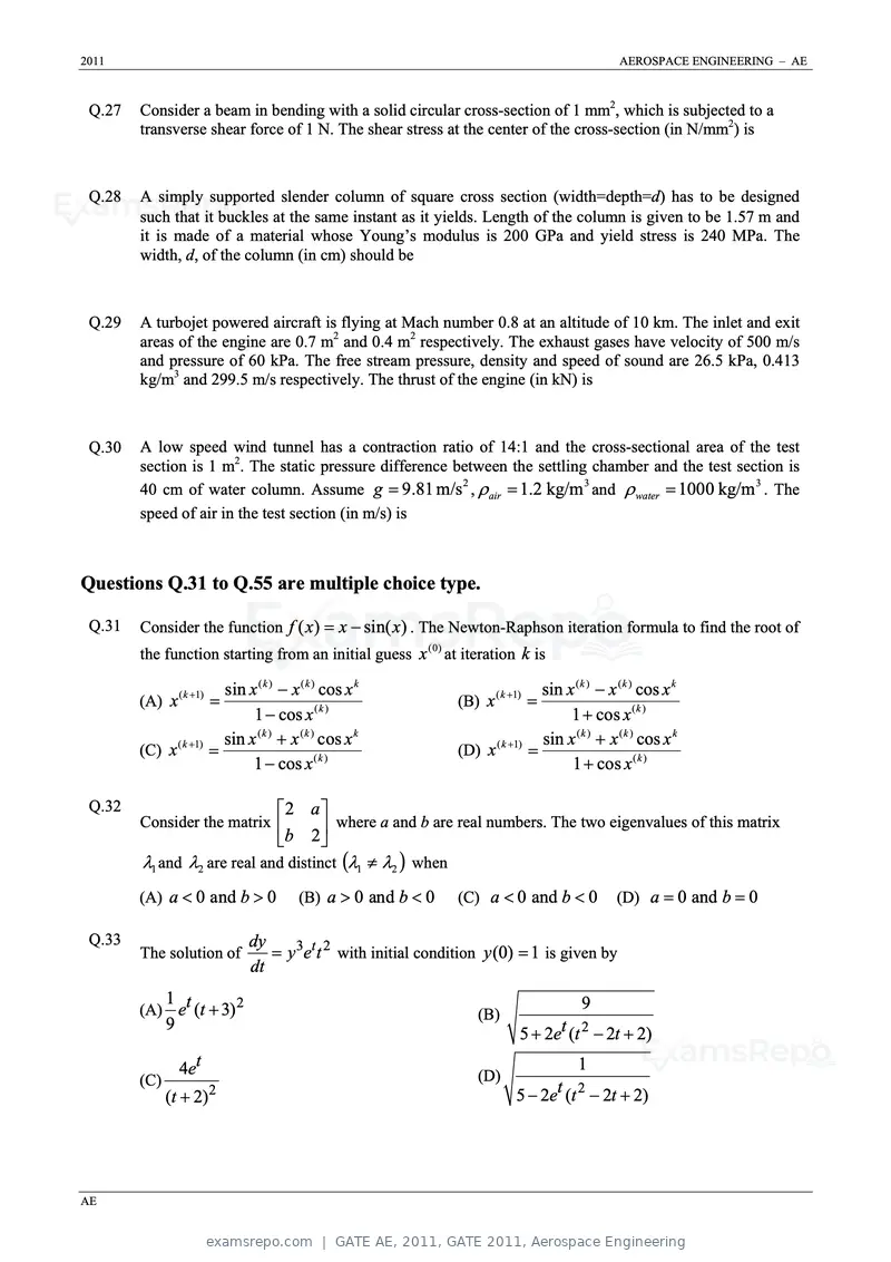 GATE AE 2011 question paper, GATE 2011, Aerospace Engineering, page 5 of 11