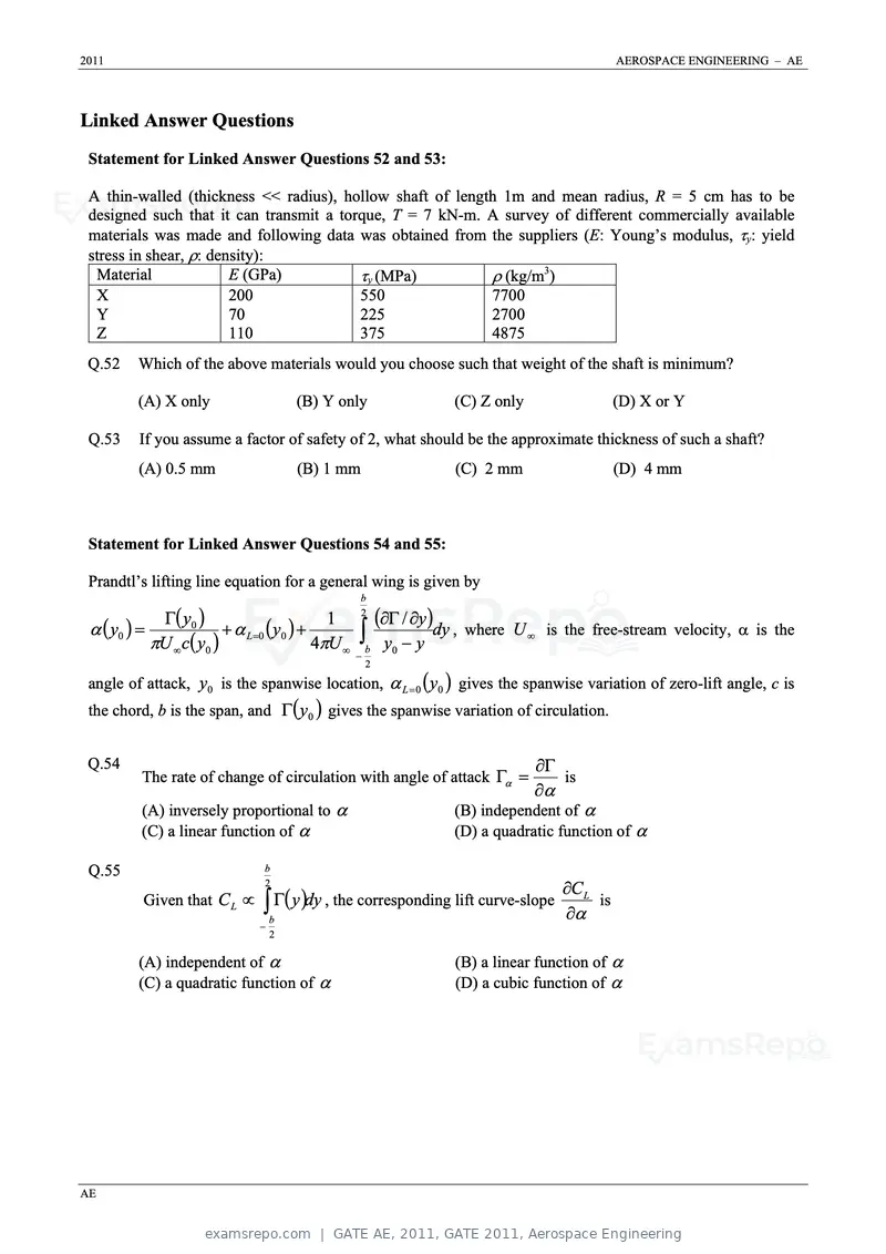 GATE AE 2011 question paper, GATE 2011, Aerospace Engineering, page 9 of 11