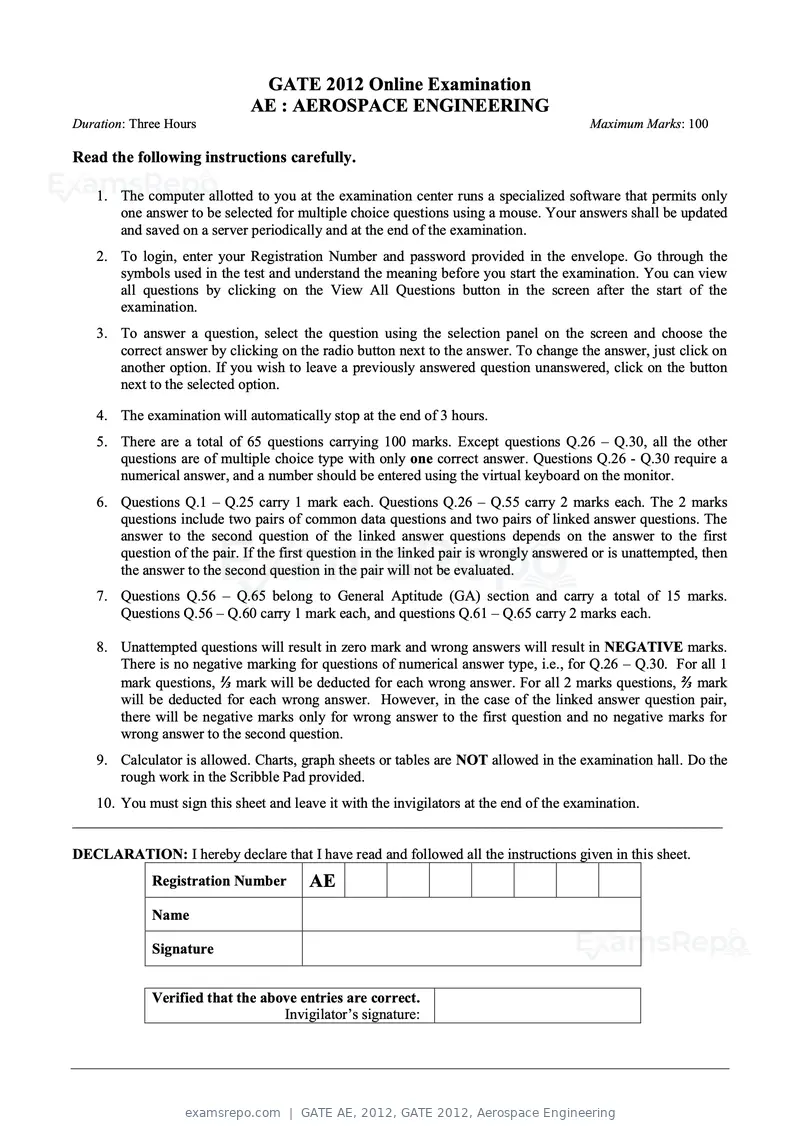 GATE AE 2012 question paper, GATE 2012, Aerospace Engineering, page 1 of 10