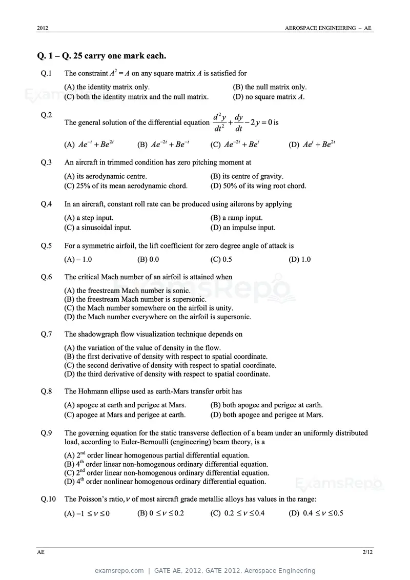 GATE AE 2012 question paper, GATE 2012, Aerospace Engineering, page 2 of 10