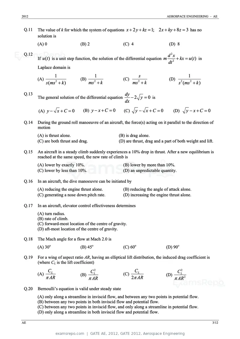 GATE AE 2012 question paper, GATE 2012, Aerospace Engineering, page 3 of 10