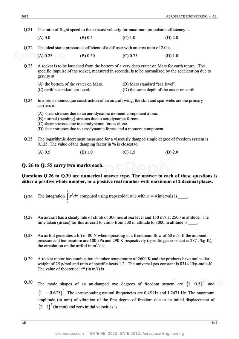 GATE AE 2012 question paper, GATE 2012, Aerospace Engineering, page 4 of 10