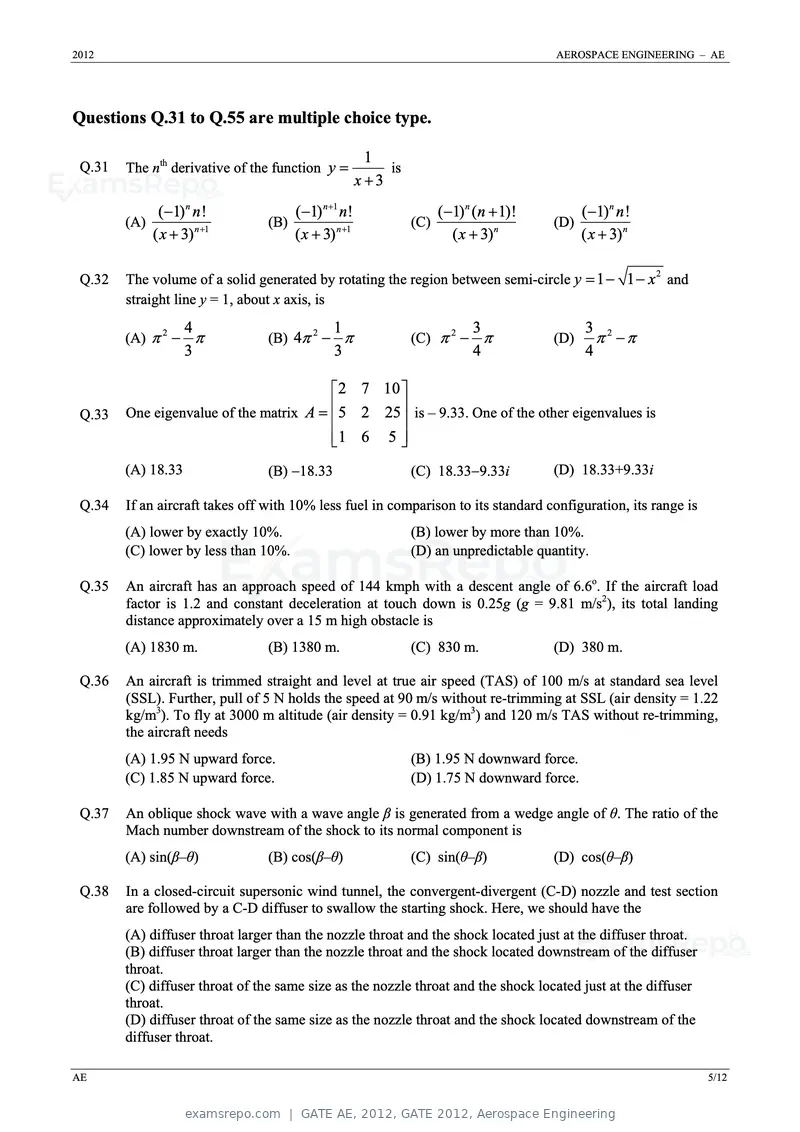 GATE AE 2012 question paper, GATE 2012, Aerospace Engineering, page 5 of 10