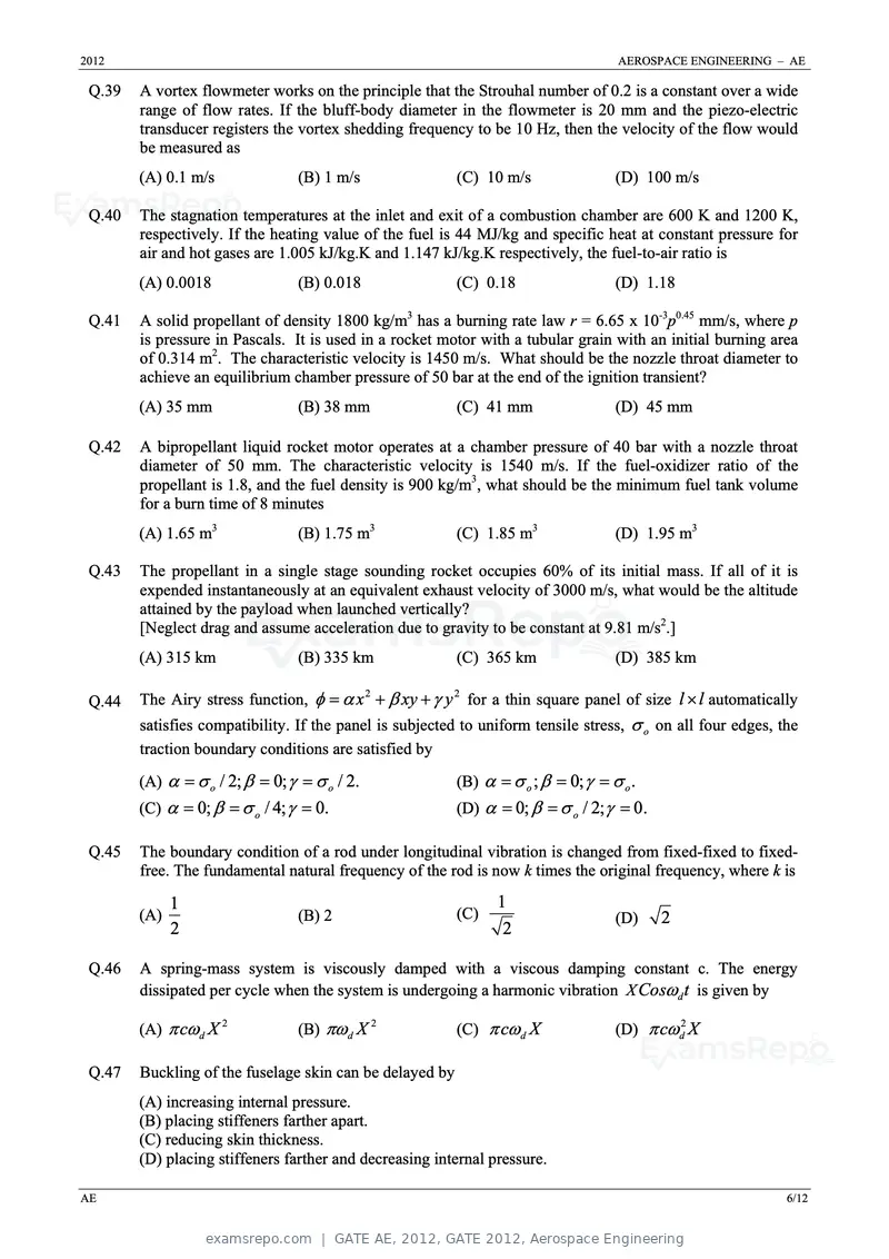 GATE AE 2012 question paper, GATE 2012, Aerospace Engineering, page 6 of 10