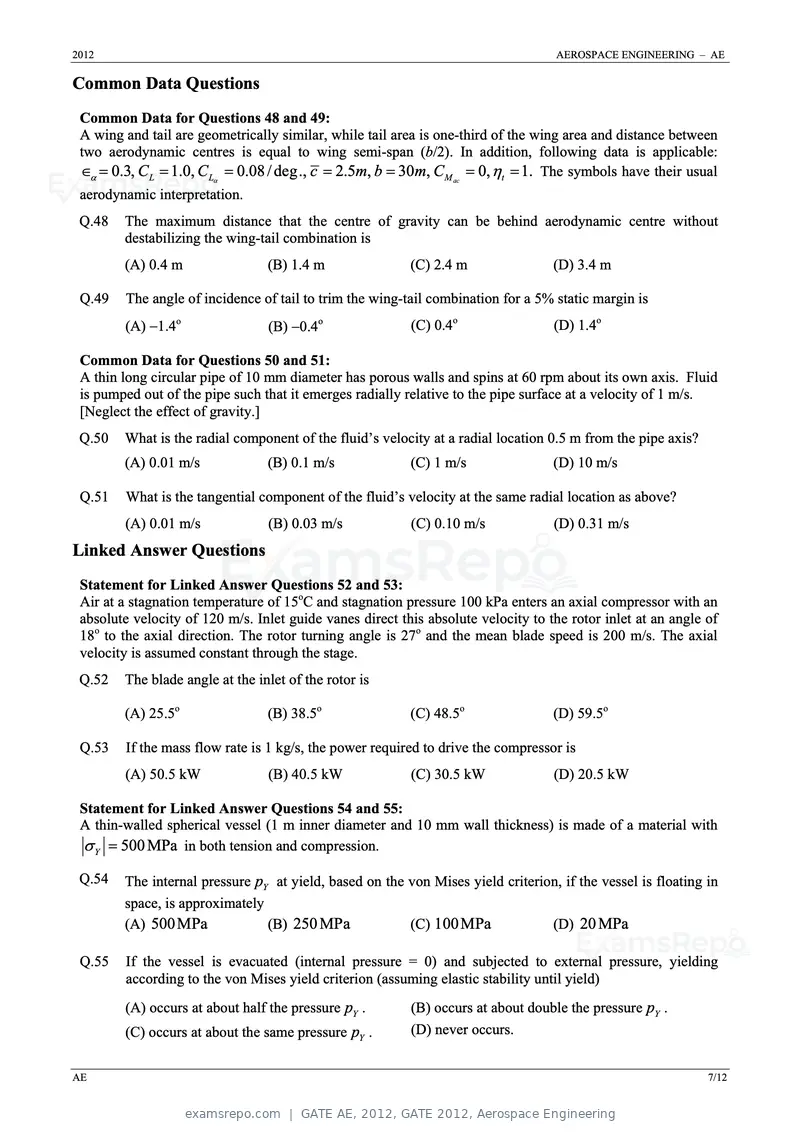 GATE AE 2012 question paper, GATE 2012, Aerospace Engineering, page 7 of 10