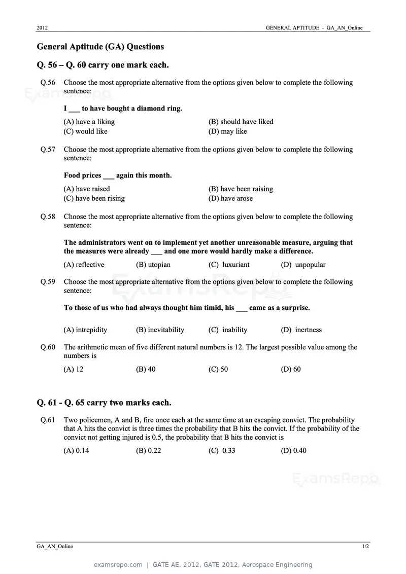 GATE AE 2012 question paper, GATE 2012, Aerospace Engineering, page 8 of 10