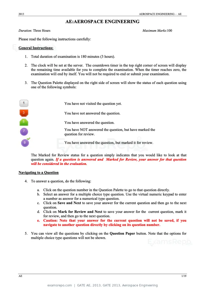 GATE AE 2013 question paper, GATE 2013, Aerospace Engineering, page 1 of 19