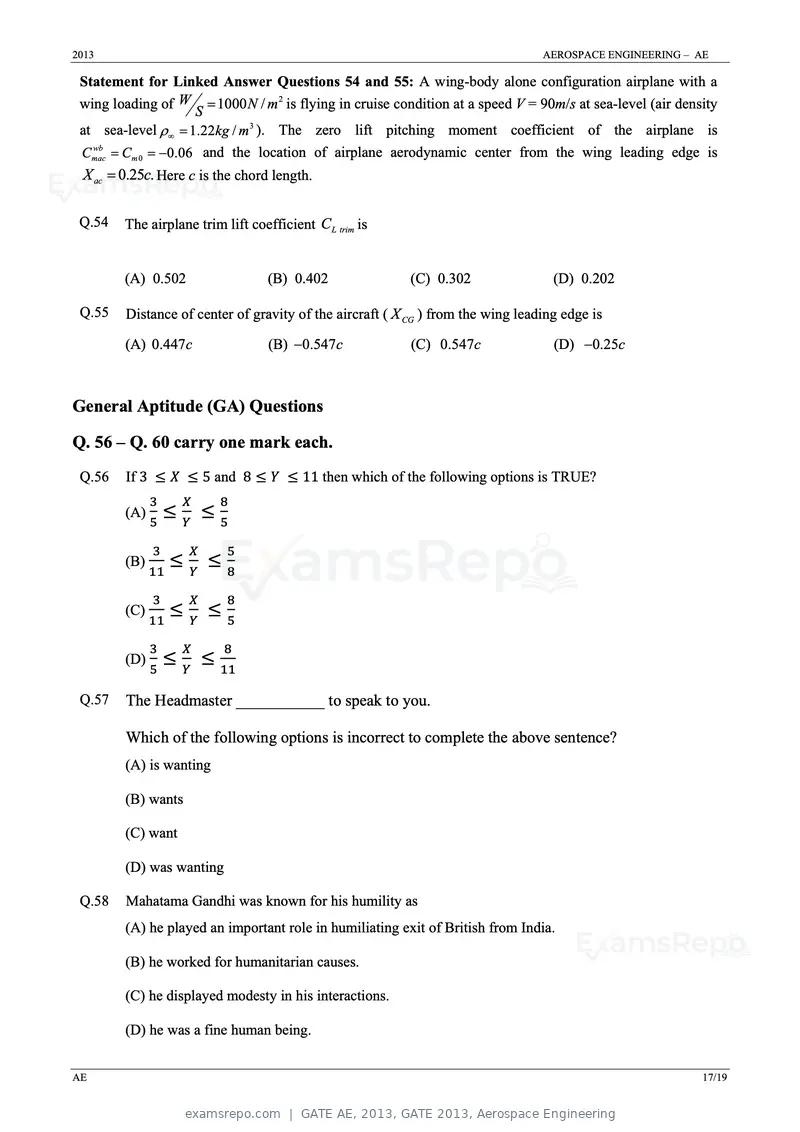 GATE AE 2013 question paper, GATE 2013, Aerospace Engineering, page 17 of 19