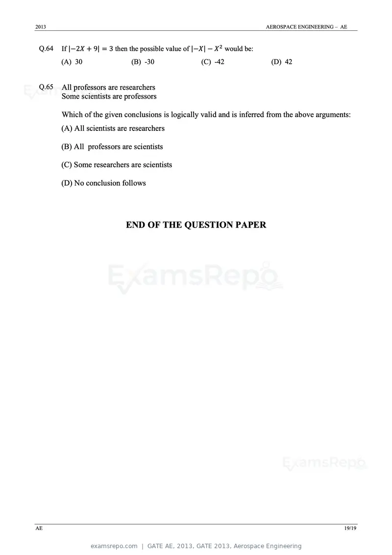 GATE AE 2013 question paper, GATE 2013, Aerospace Engineering, page 19 of 19