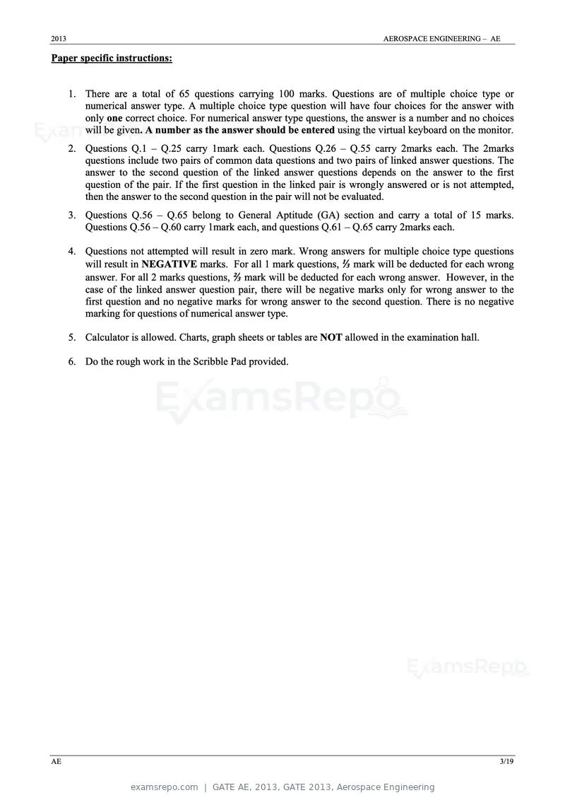 GATE AE 2013 question paper, GATE 2013, Aerospace Engineering, page 3 of 19