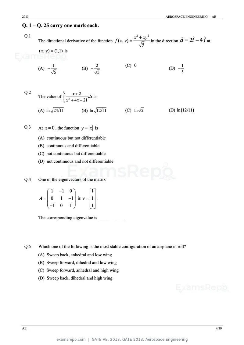 GATE AE 2013 question paper, GATE 2013, Aerospace Engineering, page 4 of 19