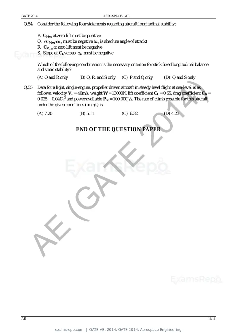 GATE AE 2014 question paper, GATE 2014, Aerospace Engineering, page 17 of 18