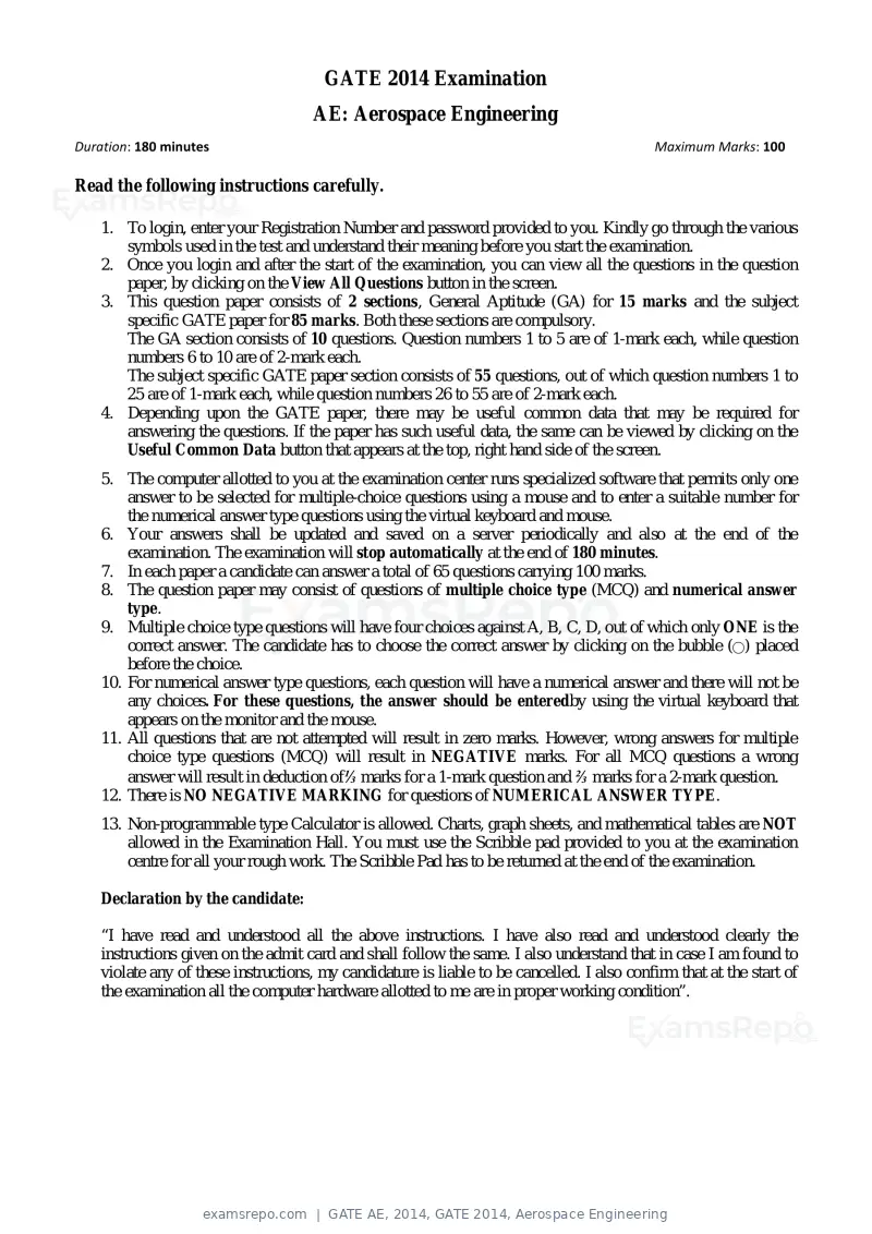GATE AE 2014 question paper, GATE 2014, Aerospace Engineering, page 4 of 18