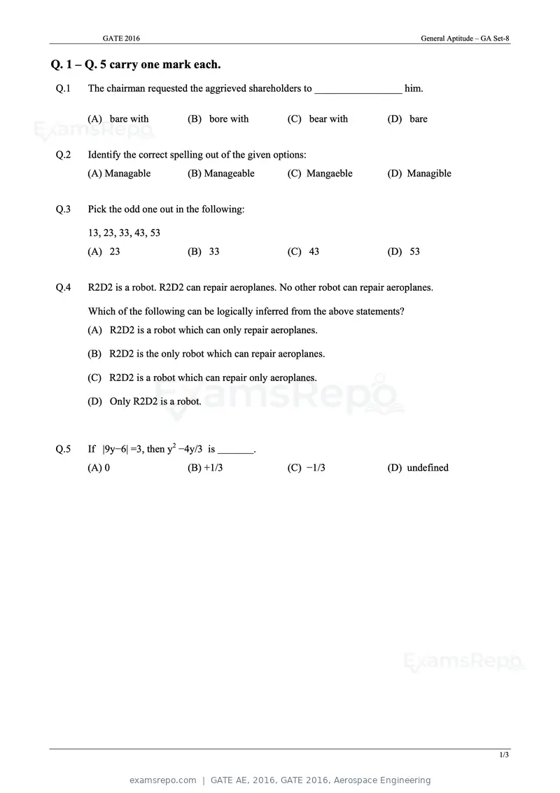 GATE AE 2016 question paper, GATE 2016, Aerospace Engineering, page 1 of 14
