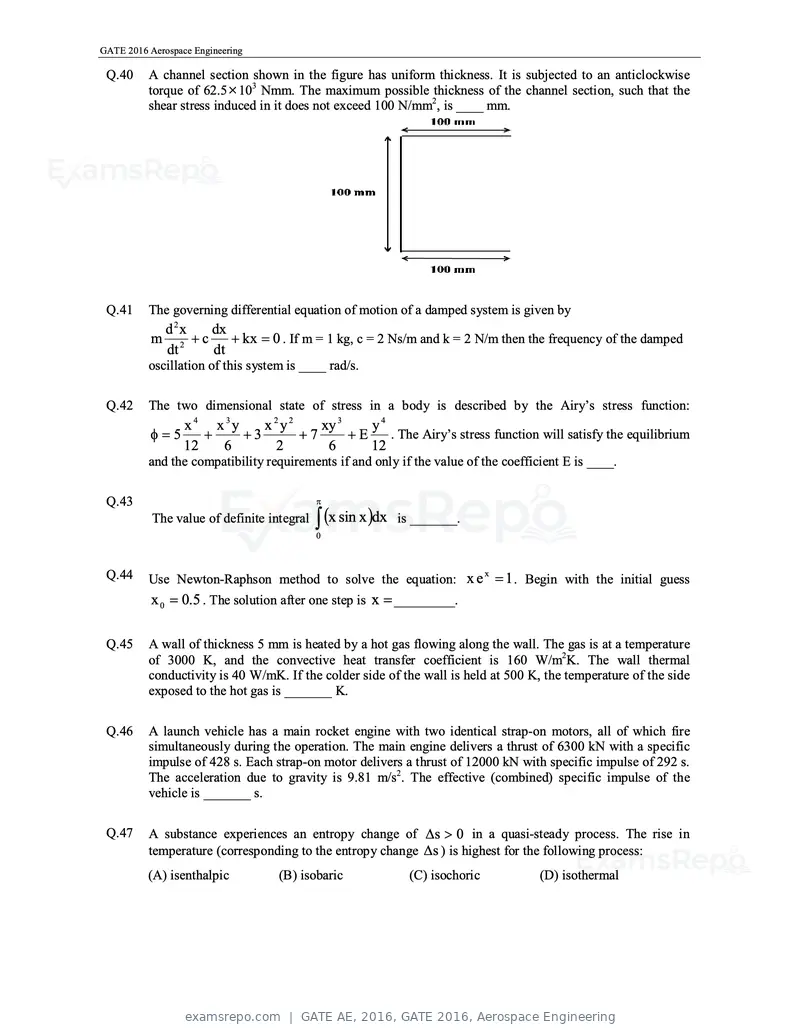 GATE AE 2016 question paper, GATE 2016, Aerospace Engineering, page 10 of 14