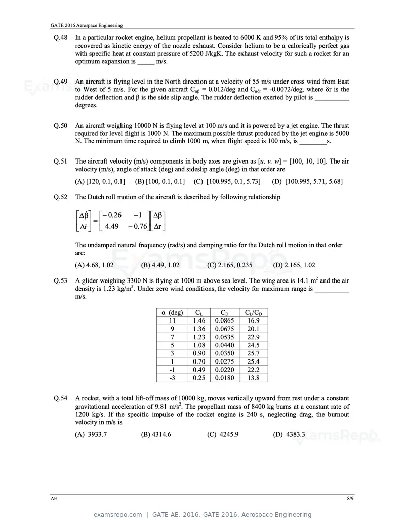 GATE AE 2016 question paper, GATE 2016, Aerospace Engineering, page 11 of 14