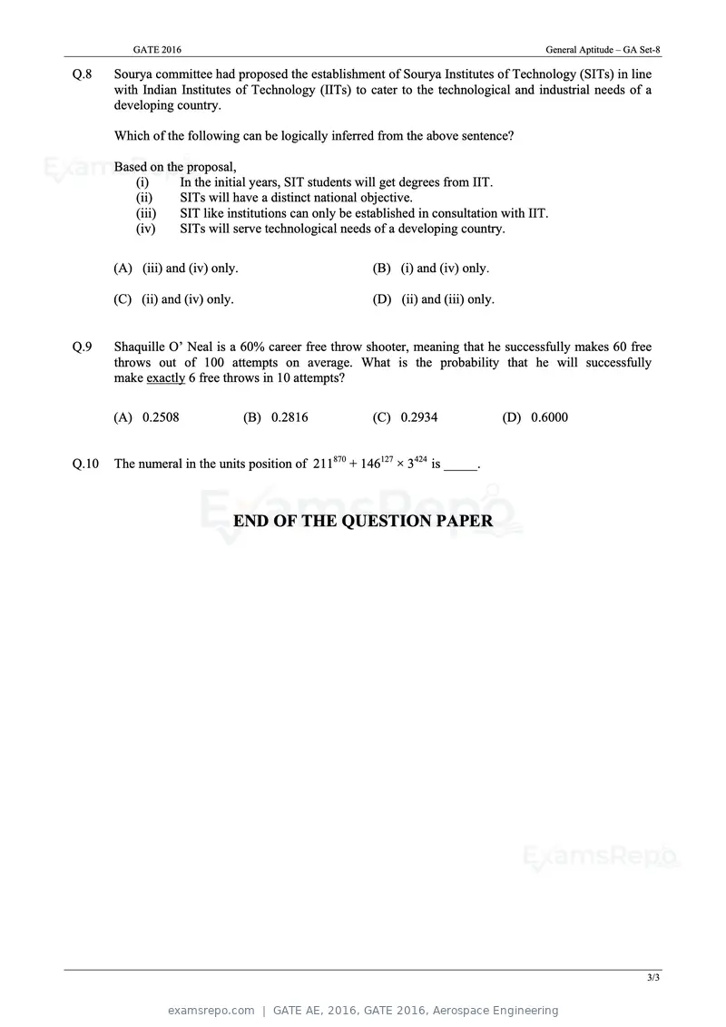GATE AE 2016 question paper, GATE 2016, Aerospace Engineering, page 3 of 14
