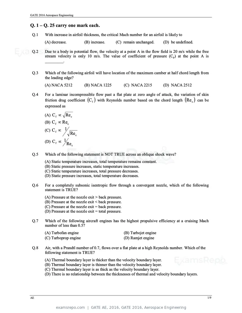GATE AE 2016 question paper, GATE 2016, Aerospace Engineering, page 4 of 14