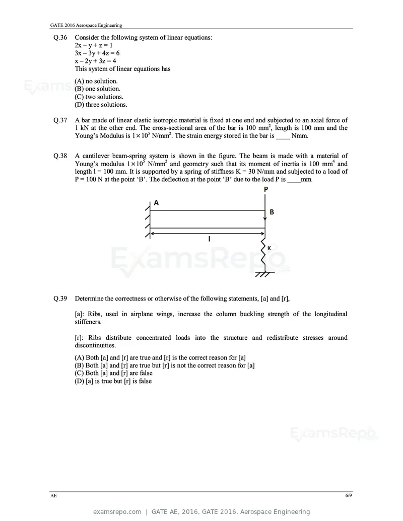 GATE AE 2016 question paper, GATE 2016, Aerospace Engineering, page 9 of 14