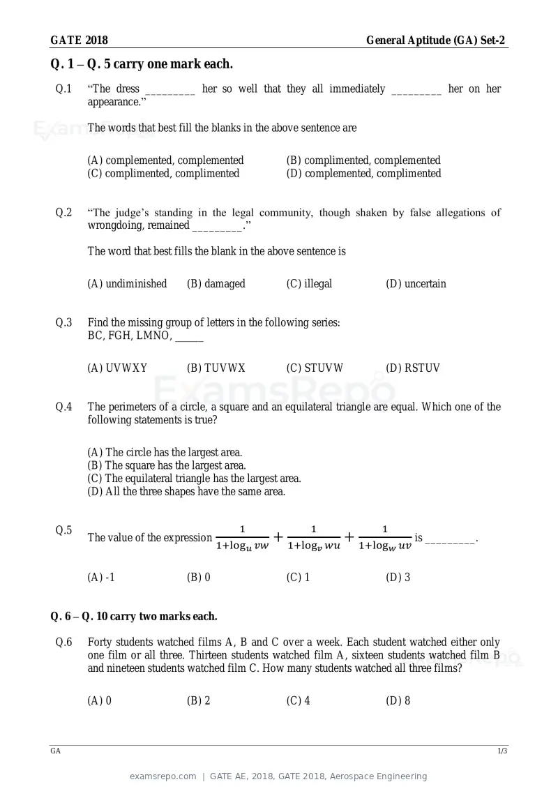 GATE AE 2018 question paper, GATE 2018, Aerospace Engineering, page 1 of 15