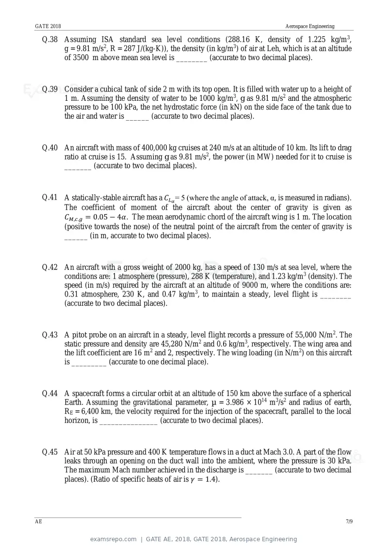 GATE AE 2018 question paper, GATE 2018, Aerospace Engineering, page 10 of 15