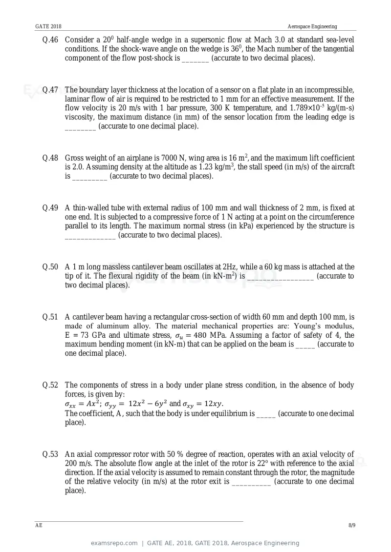 GATE AE 2018 question paper, GATE 2018, Aerospace Engineering, page 11 of 15