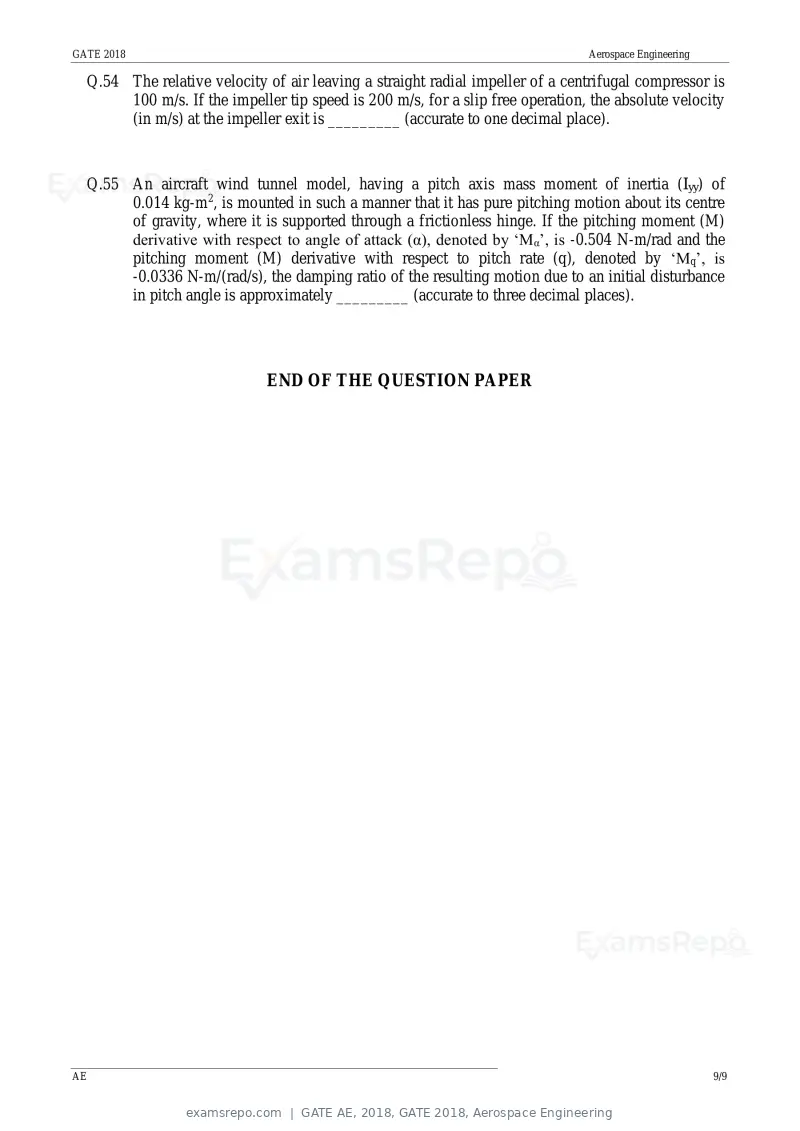 GATE AE 2018 question paper, GATE 2018, Aerospace Engineering, page 12 of 15