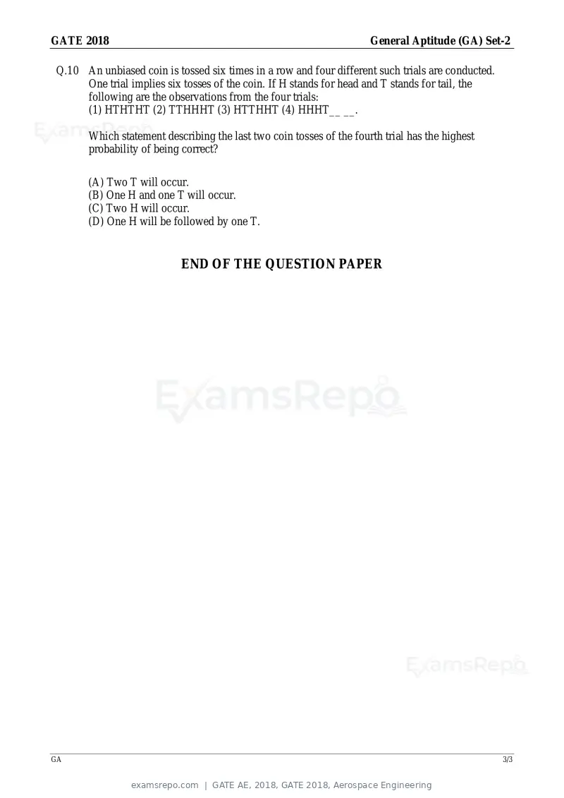 GATE AE 2018 question paper, GATE 2018, Aerospace Engineering, page 3 of 15