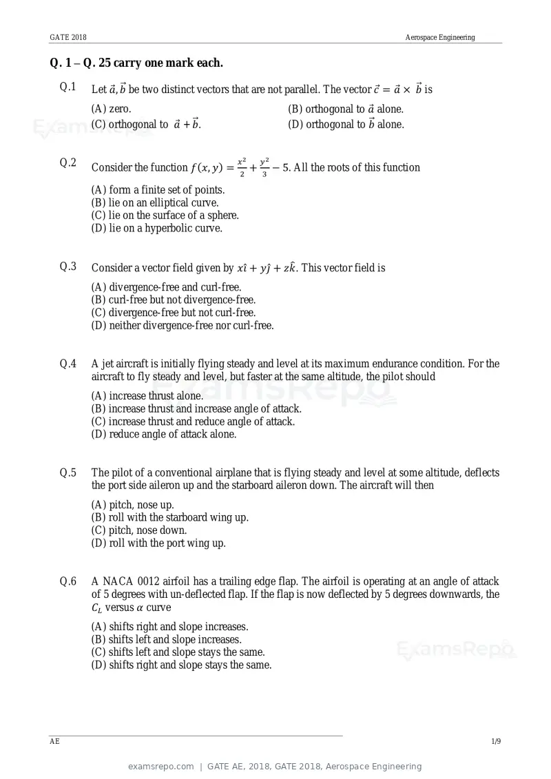 GATE AE 2018 question paper, GATE 2018, Aerospace Engineering, page 4 of 15