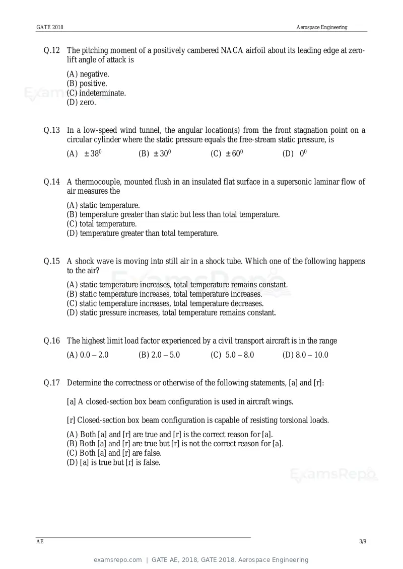GATE AE 2018 question paper, GATE 2018, Aerospace Engineering, page 6 of 15