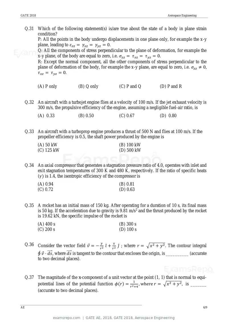 GATE AE 2018 question paper, GATE 2018, Aerospace Engineering, page 9 of 15