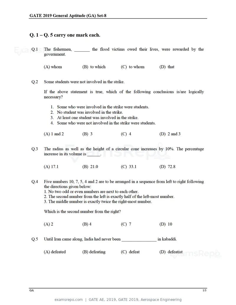 GATE AE 2019 question paper, GATE 2019, Aerospace Engineering, page 1 of 18