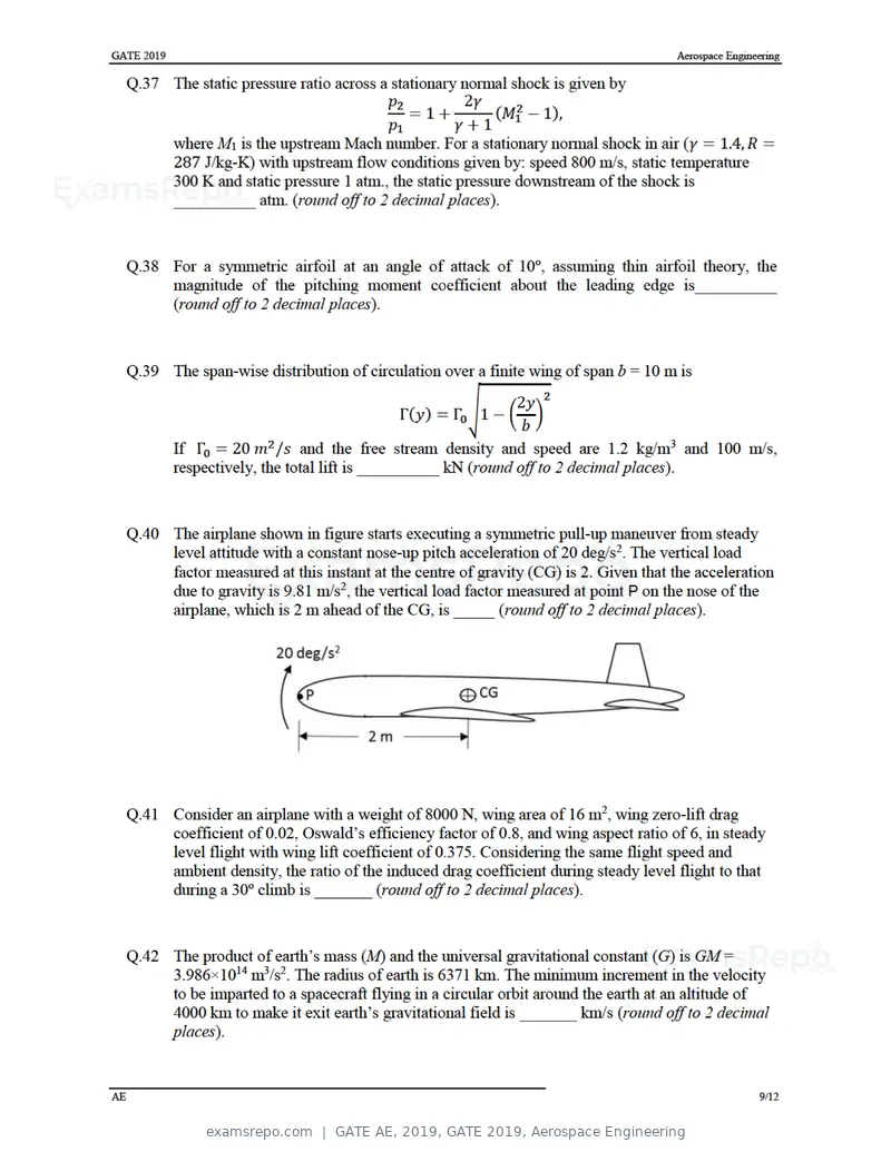 GATE AE 2019 question paper, GATE 2019, Aerospace Engineering, page 12 of 18