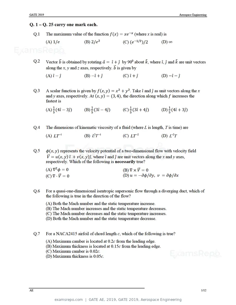 GATE AE 2019 question paper, GATE 2019, Aerospace Engineering, page 4 of 18
