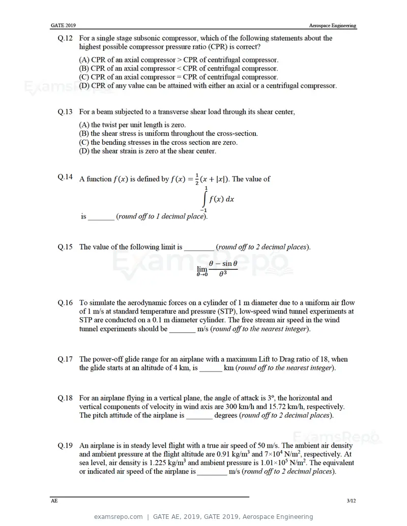 GATE AE 2019 question paper, GATE 2019, Aerospace Engineering, page 6 of 18