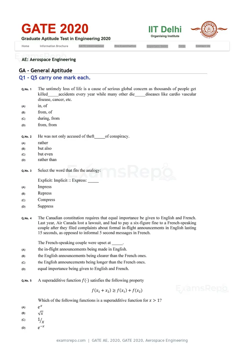 GATE AE 2020 question paper, GATE 2020, Aerospace Engineering, page 1 of 17