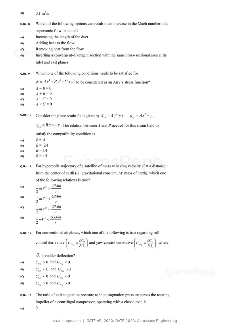 GATE AE 2020 question paper, GATE 2020, Aerospace Engineering, page 5 of 17