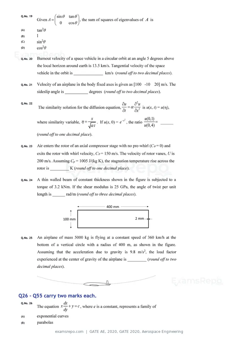 GATE AE 2020 question paper, GATE 2020, Aerospace Engineering, page 7 of 17