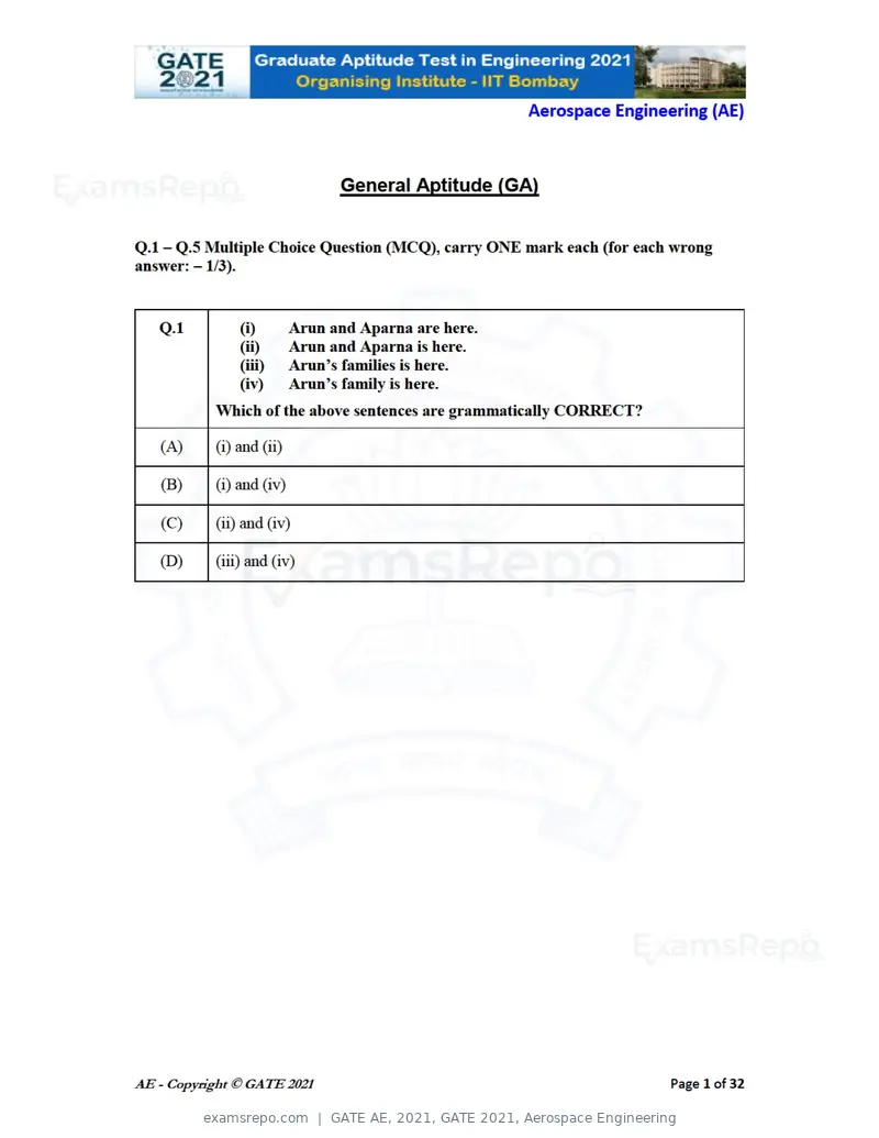 GATE AE 2021 question paper, GATE 2021, Aerospace Engineering, page 1 of 35